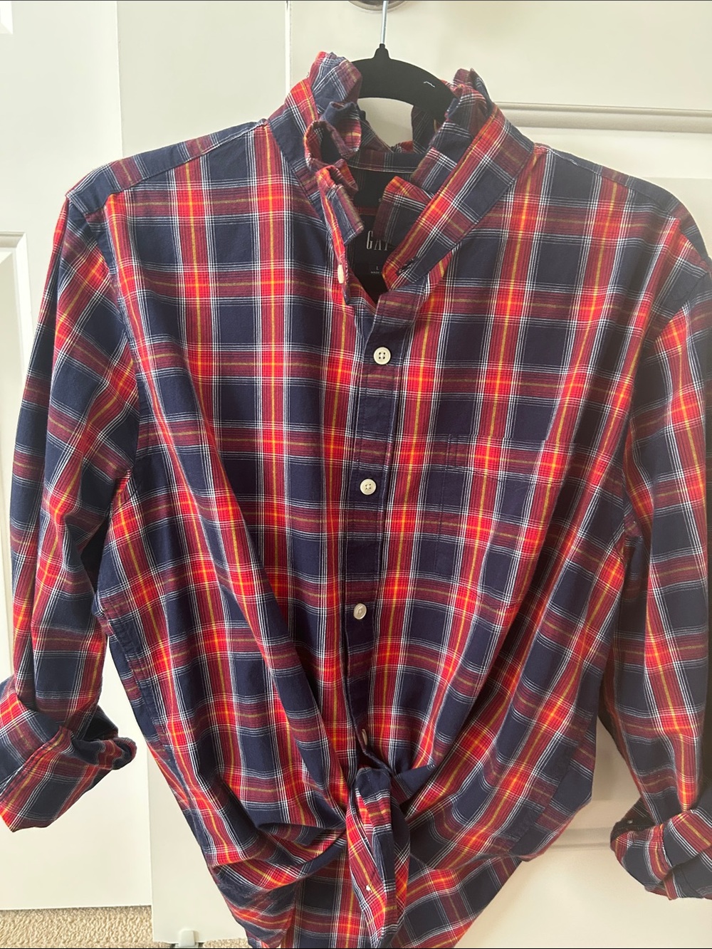 GAP Navy and Red Plaid Shirt with ruffled collar just in time for Christmas!